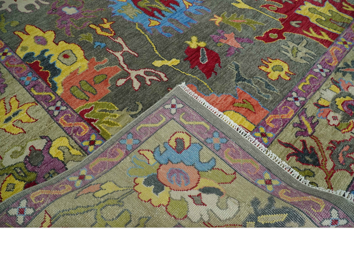 Gray and Olive Wool Colorful Hand knotted Traditional Oushak Multi Size wool Area Rug.