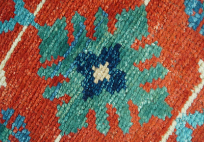Custom Made Red And Blue Traditional Floral Motifs Hand Knotted Wool Rug.