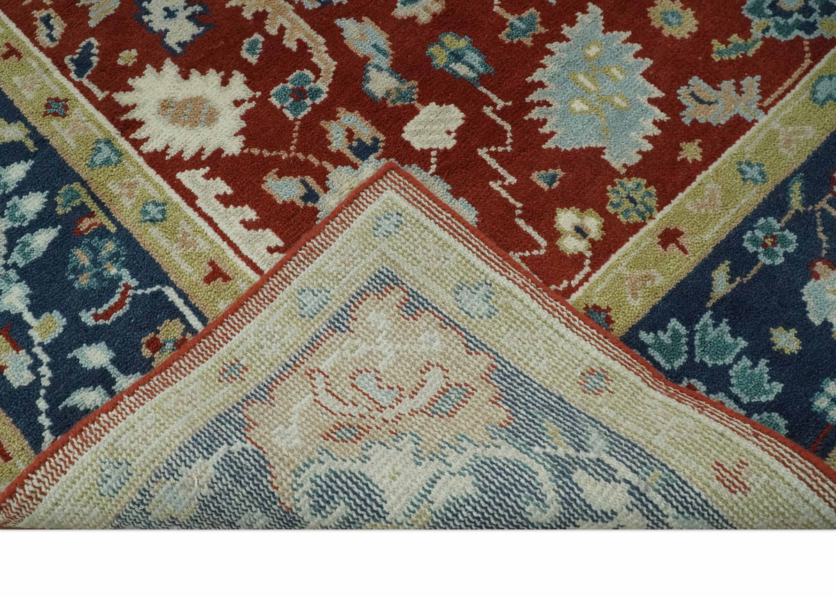 Floral Brown, Blue and Beige Hand Knotted Oriental Oushak Multi Size wool Area Rug.