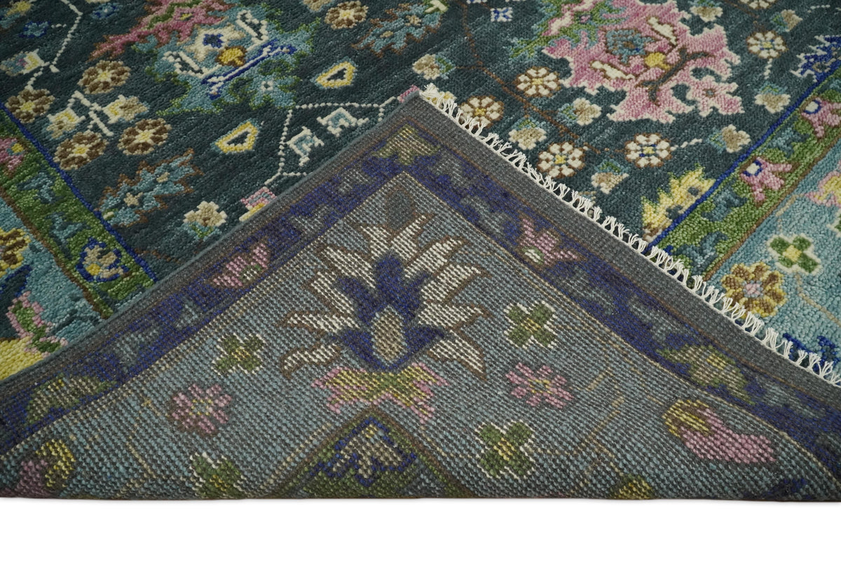 Antique Design Hand Knotted Charcoal, Green Moss and Blue Oushak Custom Made Rug.