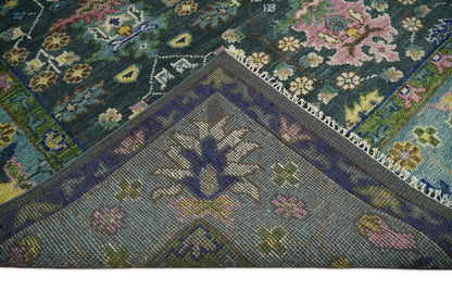 Antique Design Hand Knotted Charcoal, Green Moss and Blue Oushak Custom Made Rug.