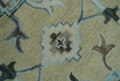 Custom Made Beige, Ivory and Blue Hand Tufted Floral Oriental Oushak wool area rug.