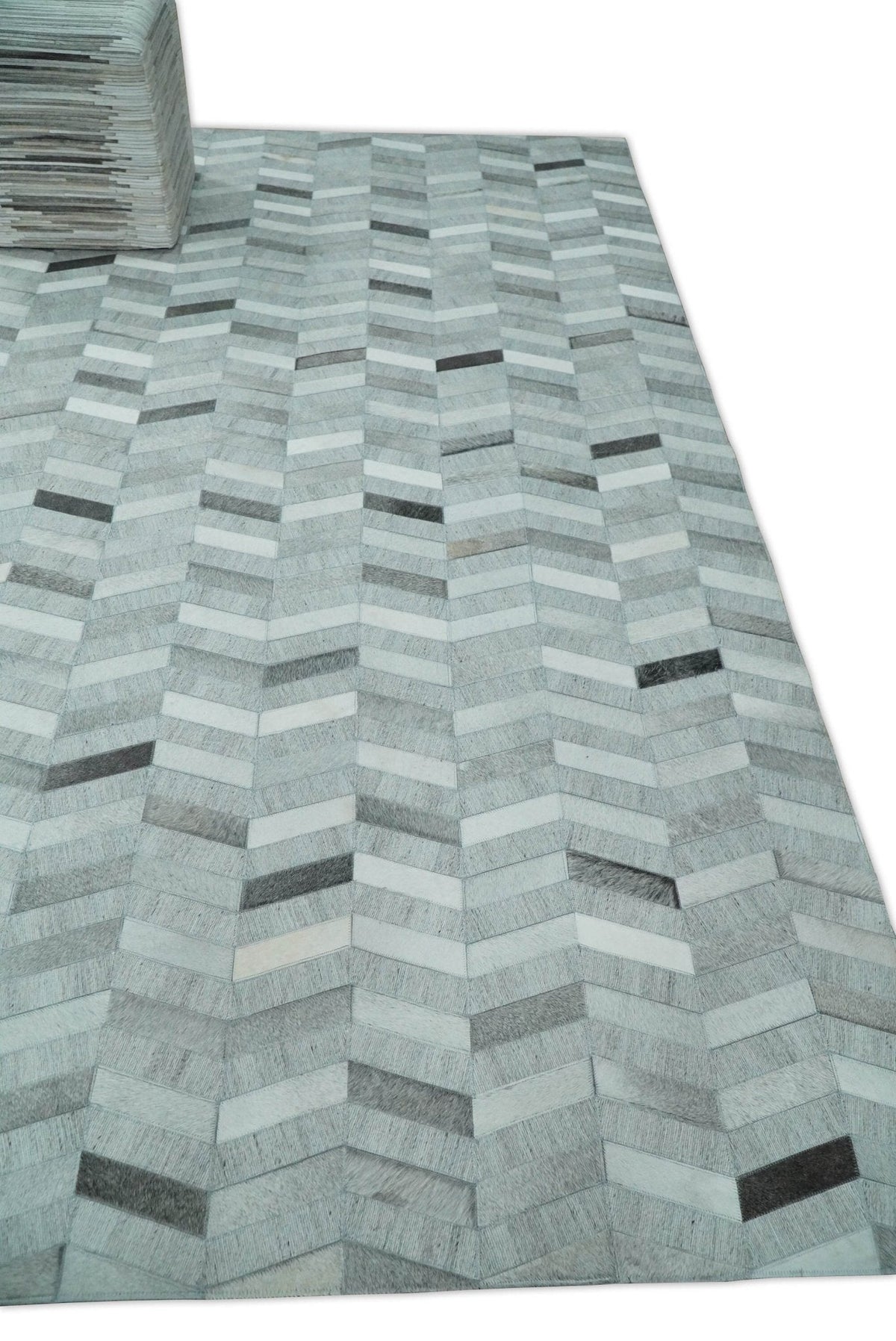 Custom Made Ivory and Silver Geometrical Handmade Leather Rug.