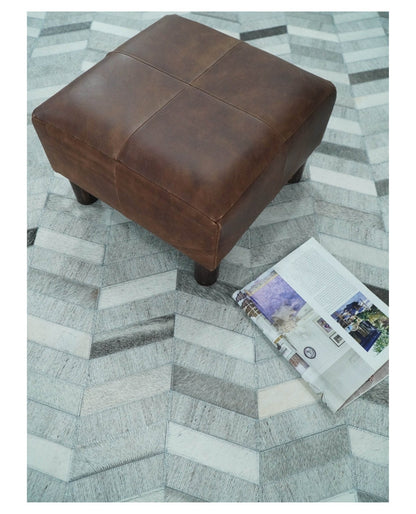 Custom Made Ivory and Silver Geometrical Handmade Leather Rug.