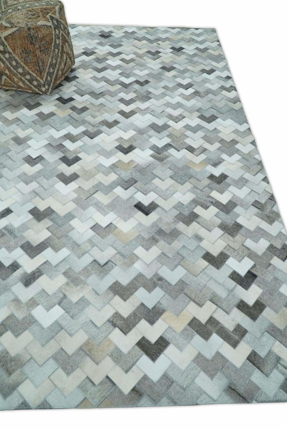 Custom Made Ivory and Gray Modern Geometrical Leather Rug.