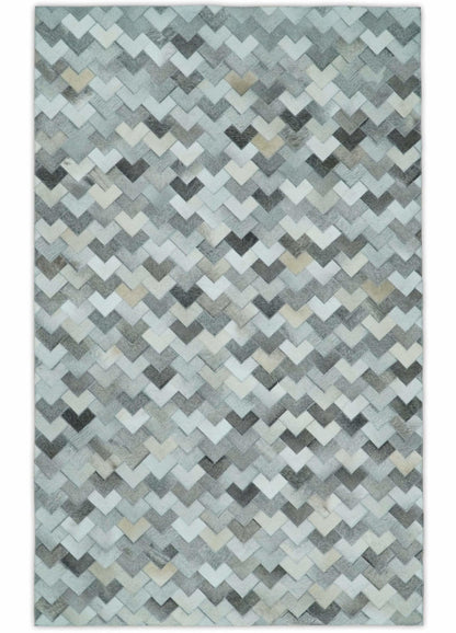 Custom Made Ivory and Gray Modern Geometrical Leather Rug.