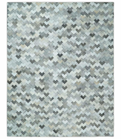 Custom Made Ivory and Gray Modern Geometrical Leather Rug.