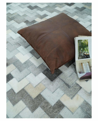 Custom Made Ivory and Gray Modern Geometrical Leather Rug.