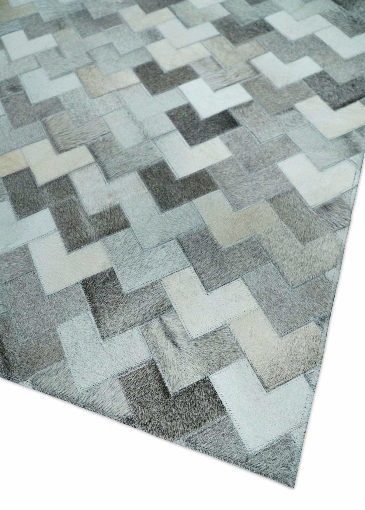 Custom Made Ivory and Gray Modern Geometrical Leather Rug.