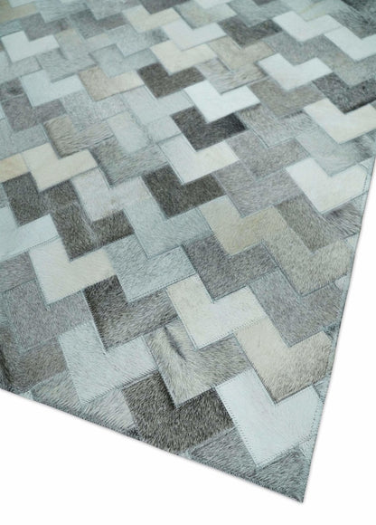 Custom Made Ivory and Gray Modern Geometrical Leather Rug.
