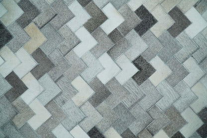 Custom Made Ivory and Gray Modern Geometrical Leather Rug.