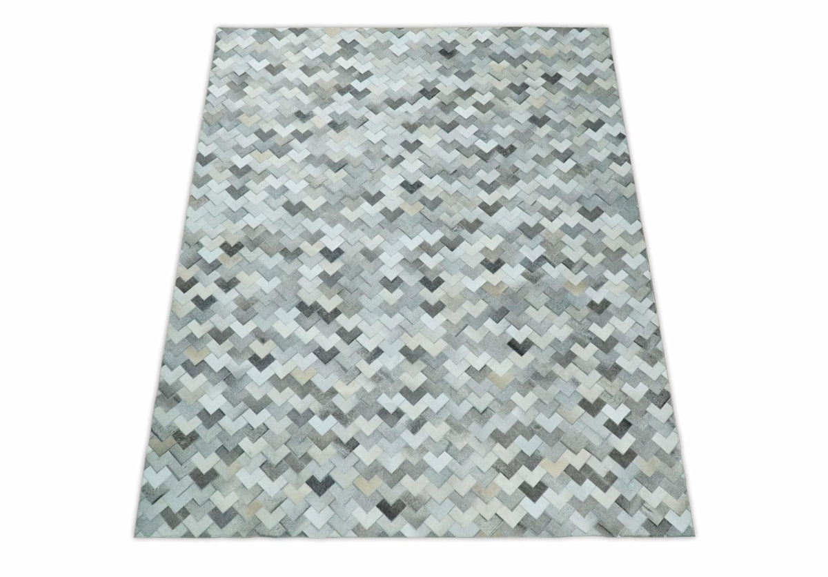 Custom Made Ivory and Gray Modern Geometrical Leather Rug.