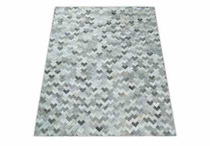 Custom Made Ivory and Gray Modern Geometrical Leather Rug.