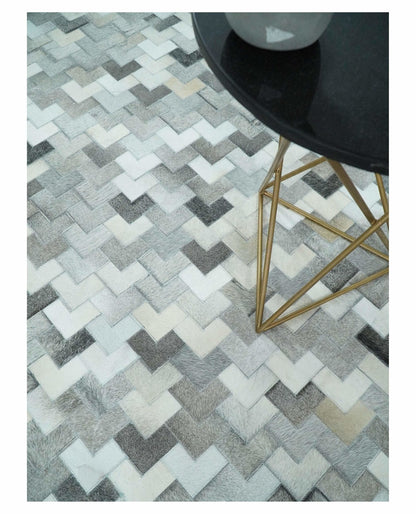 Custom Made Ivory and Gray Modern Geometrical Leather Rug.