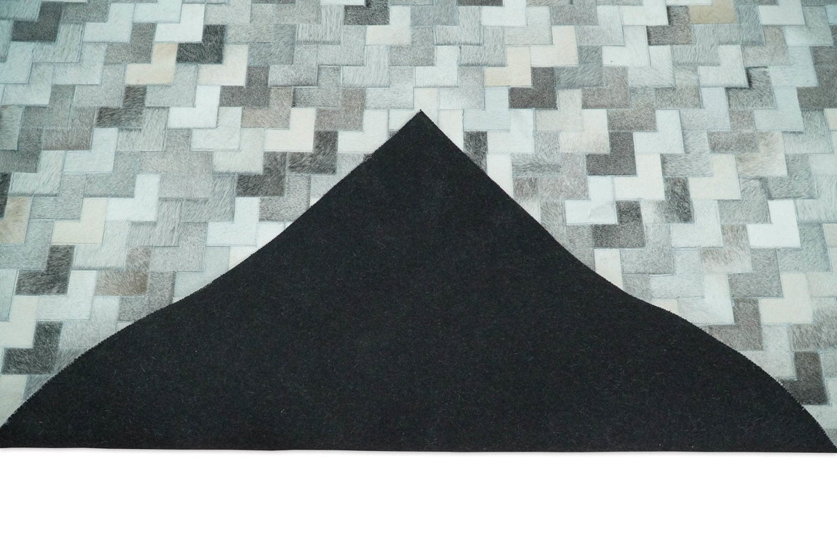 Custom Made Ivory and Gray Modern Geometrical Leather Rug.