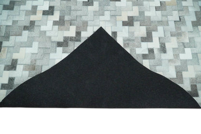Custom Made Ivory and Gray Modern Geometrical Leather Rug.