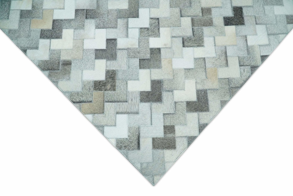 Custom Made Ivory and Gray Modern Geometrical Leather Rug.