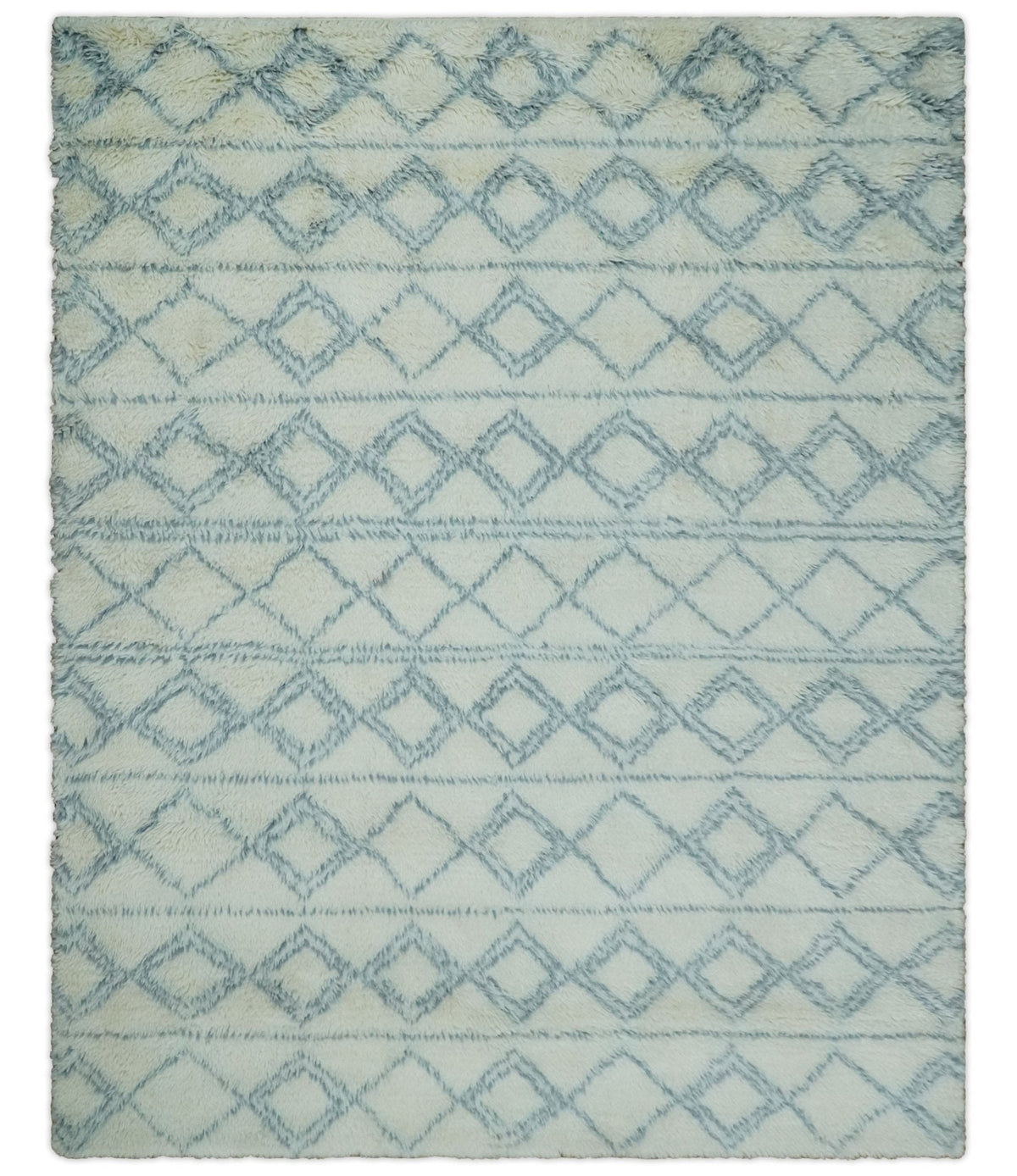 Modern Ivory and Blue Moroccan Hand Made Wool Area Rug.