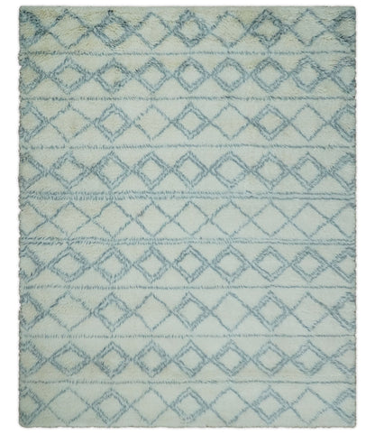 Modern Ivory and Blue Moroccan Hand Made Wool Area Rug.
