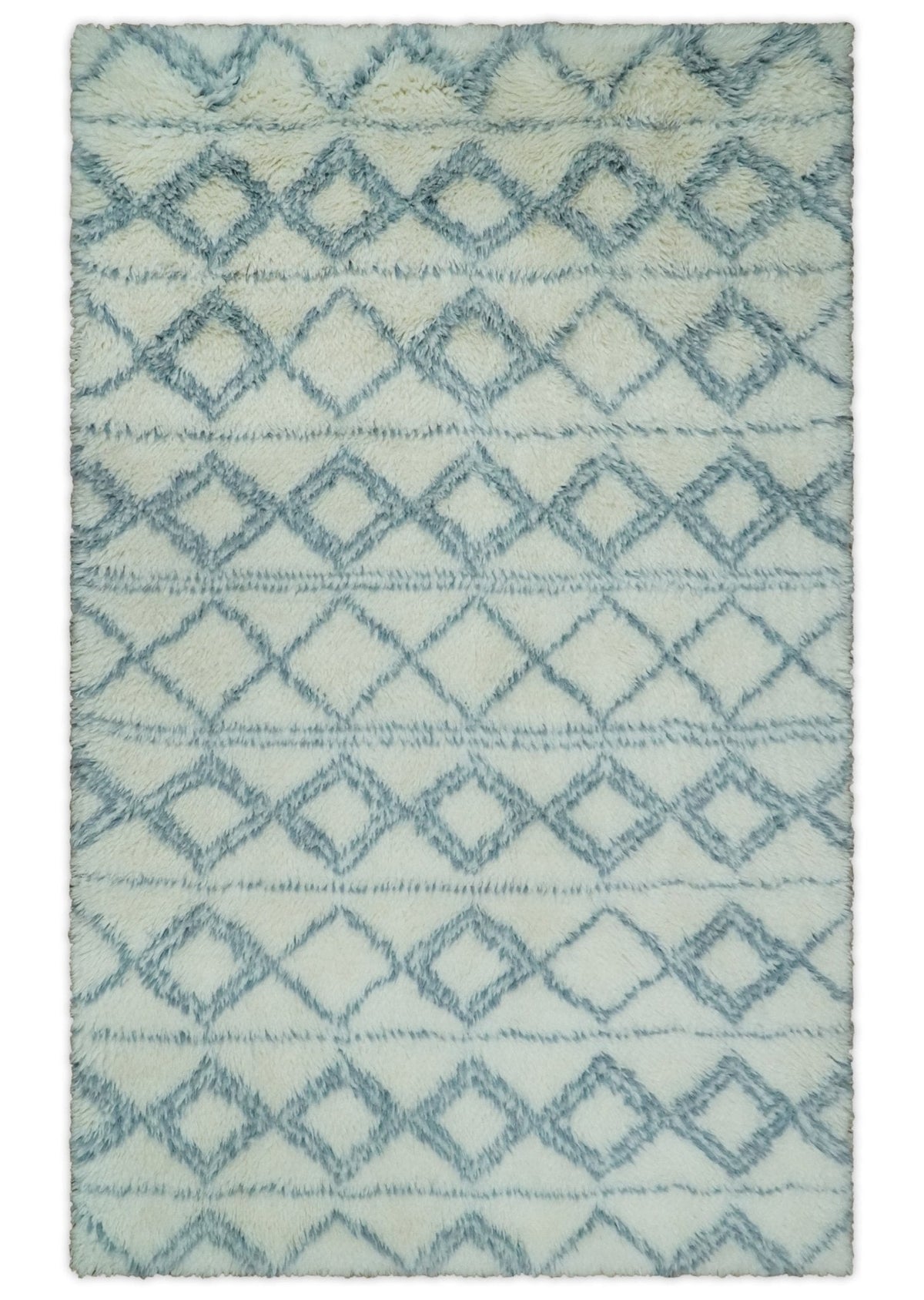 Modern Ivory and Blue Moroccan Hand Made Wool Area Rug.