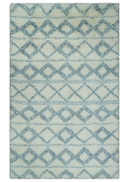 Modern Ivory and Blue Moroccan Hand Made Wool Area Rug.