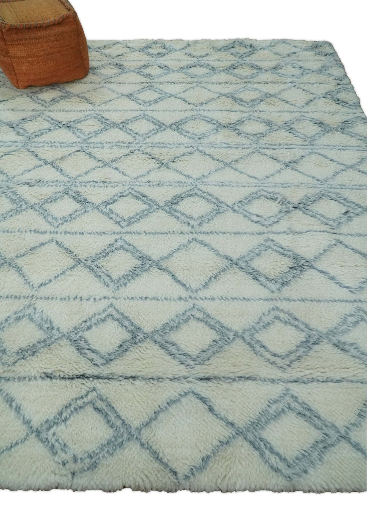 Modern Ivory and Blue Moroccan Hand Made Wool Area Rug.