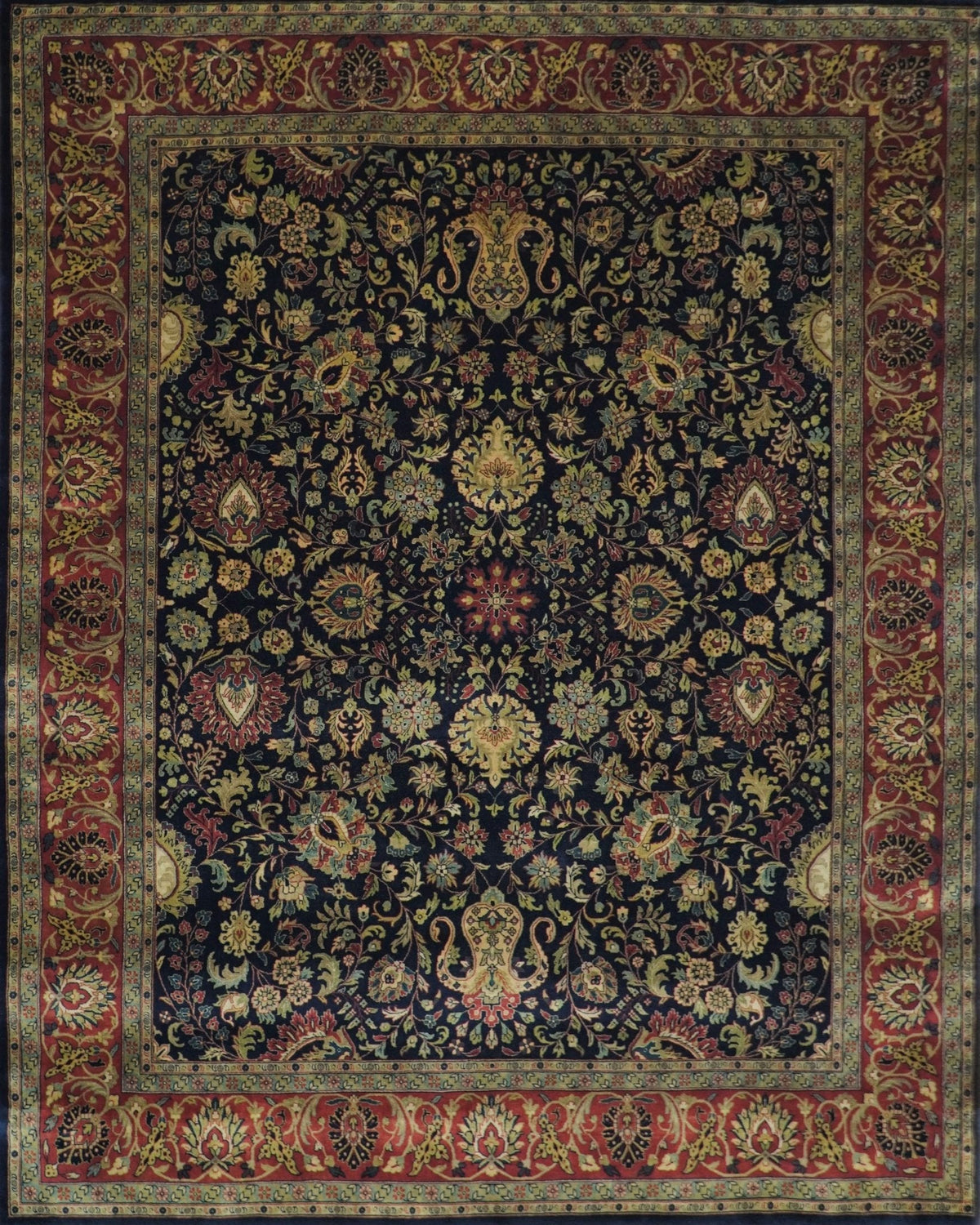 Brown and Black Traditional Style Hand Knotted Wool Area Rug.