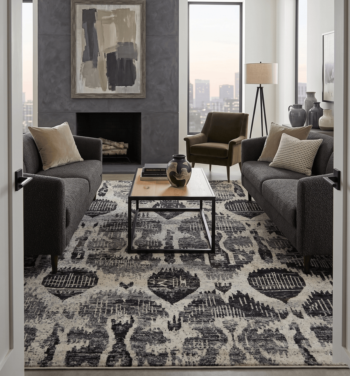 4x6 and 8x10 Hand Knotted Ivory, Charcoal and Brown  Antique Persian Style  Recycled Silk Area Rug.