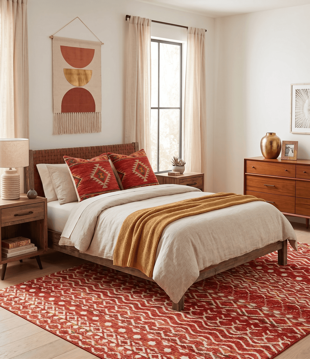 4x6 and 8x10 Hand Knotted Rust, Gold and White Modern Contemporary Southwestern Tribal Trellis Recycled Silk Area Rug.