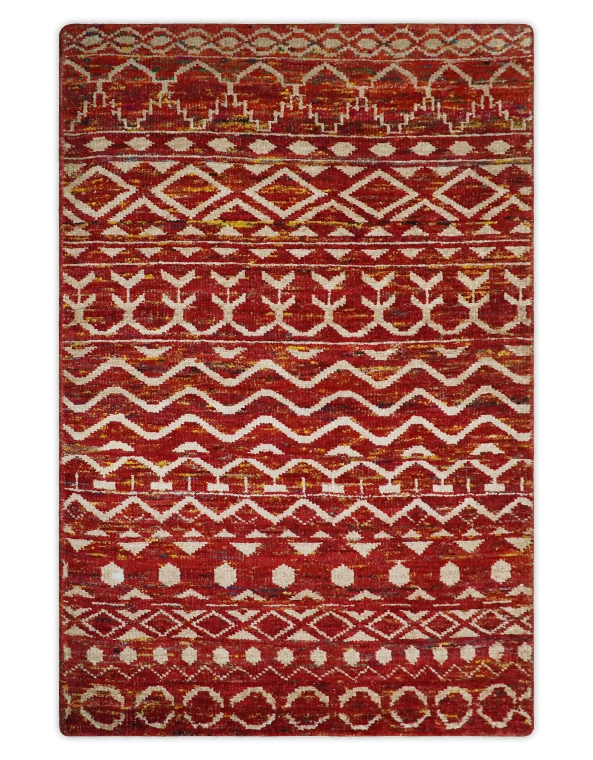 4x6 and 8x10 Hand Knotted Rust, Gold and White Modern Contemporary Southwestern Tribal Trellis Recycled Silk Area Rug.