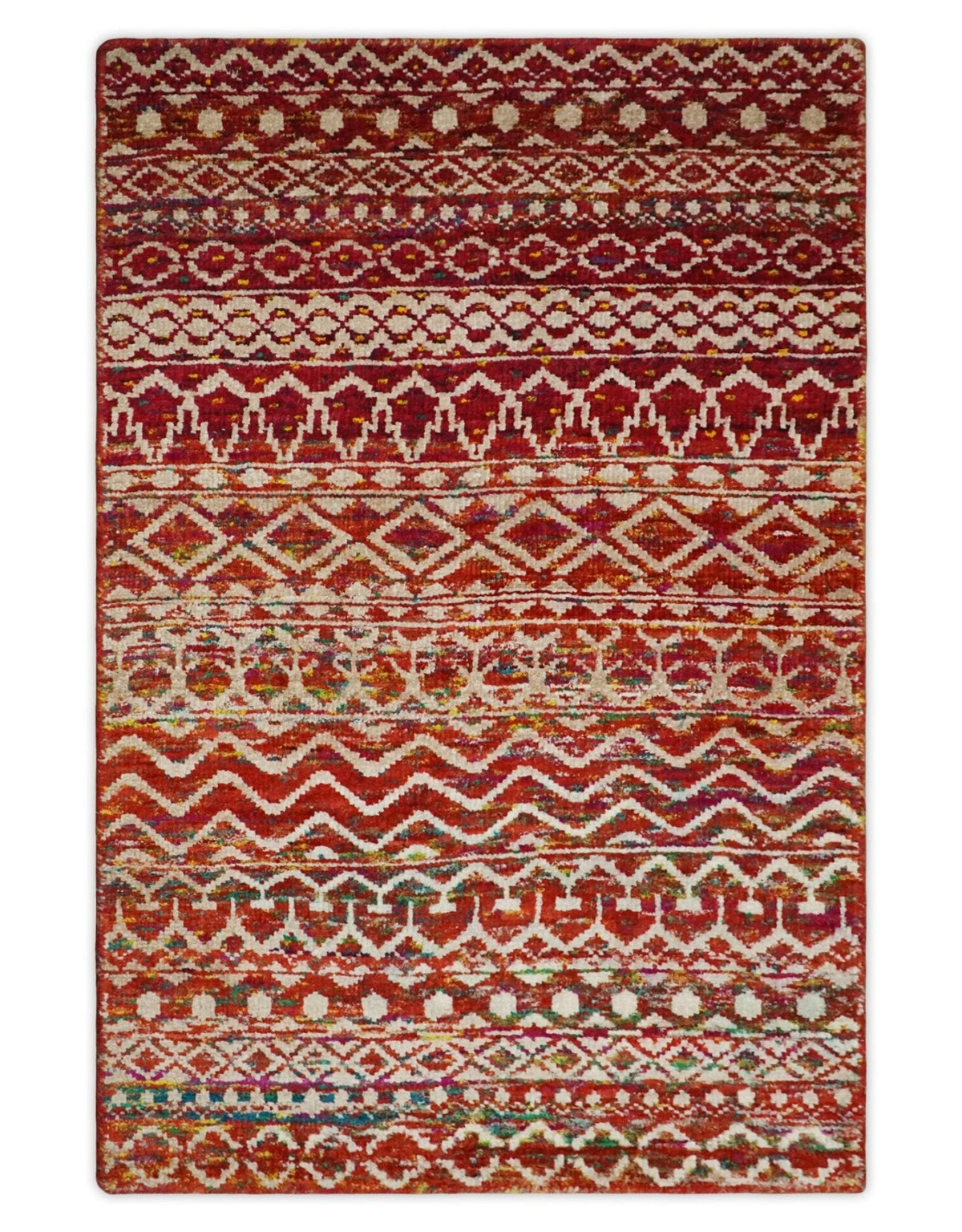 4x6 and 9x12 Hand Knotted Rust and White Modern Contemporary Southwestern Tribal Trellis Recycled Silk Area Rug | OP7.