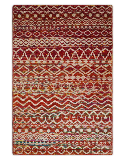 4x6 and 9x12 Hand Knotted Rust and White Modern Contemporary Southwestern Tribal Trellis Recycled Silk Area Rug | OP7.