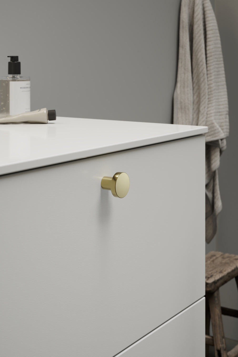 Polished Brass "Lounge" Cabinet Knob and Wire Drawer Pulls.