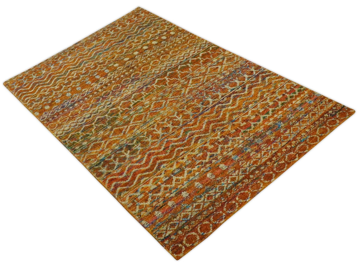 5.6x8.6 Hand Knotted Rust and Beige Modern Contemporary Southwestern Tribal Trellis Recycled wool Area Rug.