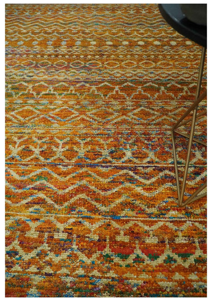 5.6x8.6 Hand Knotted Rust and Beige Modern Contemporary Southwestern Tribal Trellis Recycled wool Area Rug.