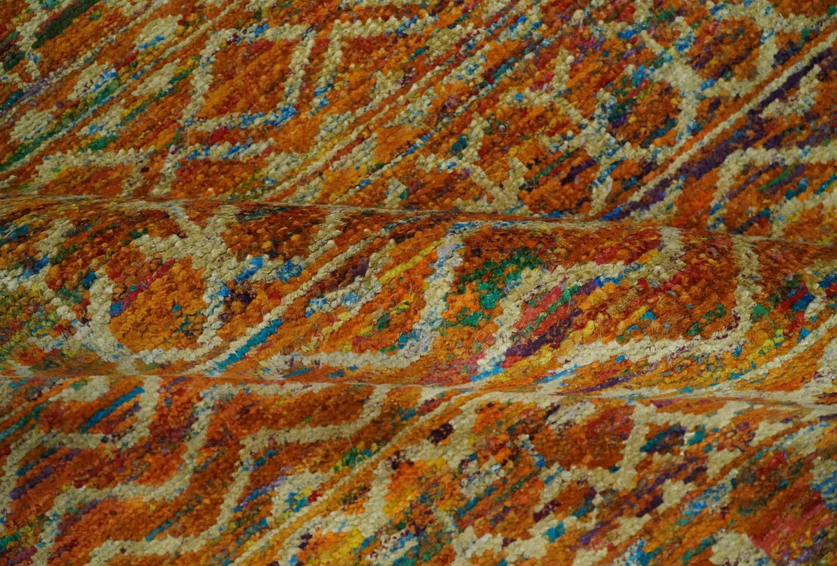 5.6x8.6 Hand Knotted Rust and Beige Modern Contemporary Southwestern Tribal Trellis Recycled wool Area Rug.