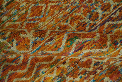 5.6x8.6 Hand Knotted Rust and Beige Modern Contemporary Southwestern Tribal Trellis Recycled wool Area Rug.