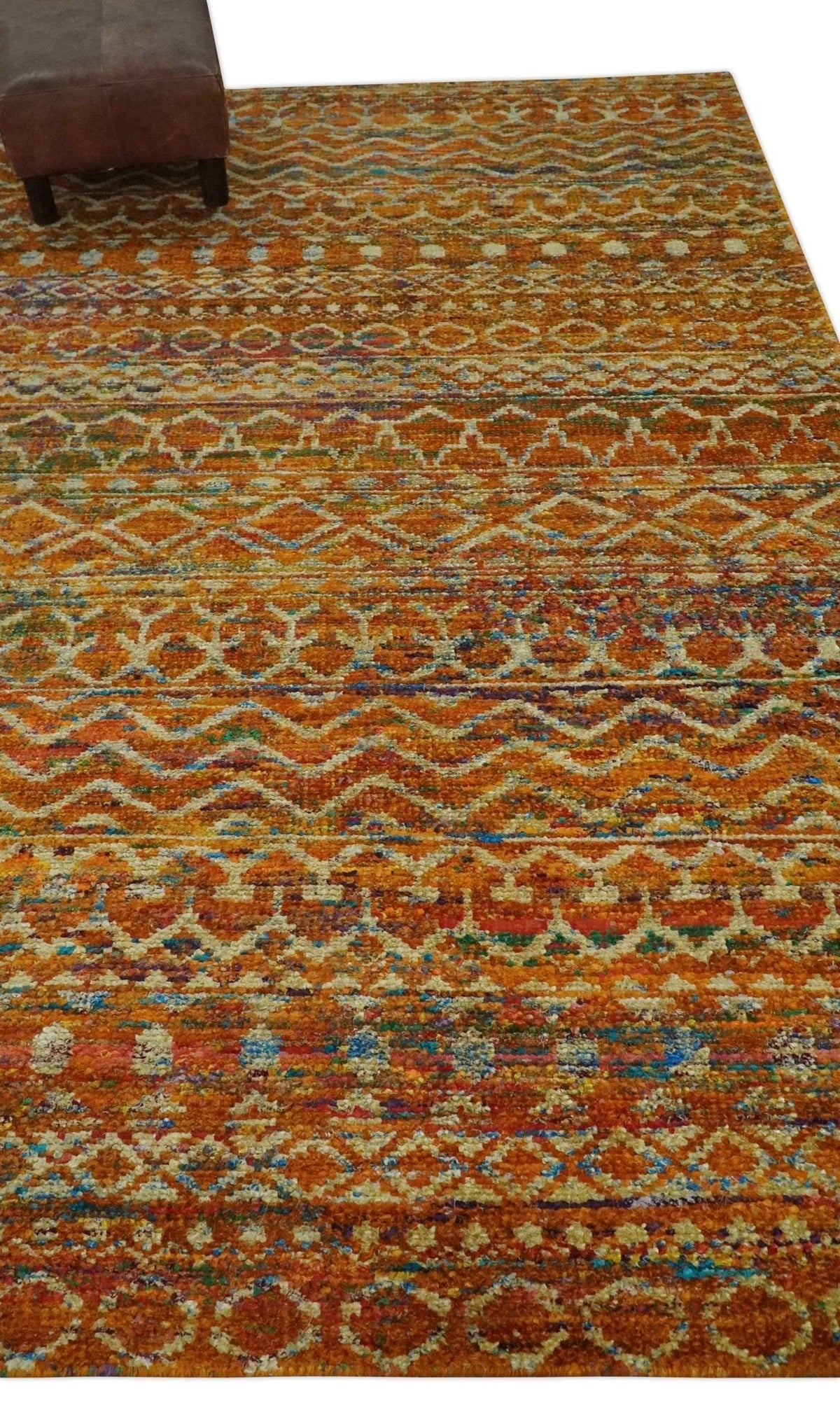 5.6x8.6 Hand Knotted Rust and Beige Modern Contemporary Southwestern Tribal Trellis Recycled wool Area Rug.