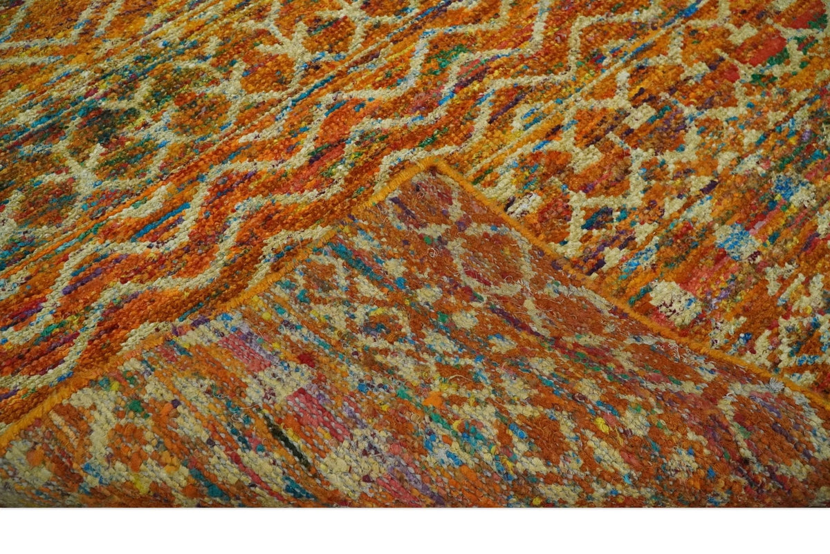 5.6x8.6 Hand Knotted Rust and Beige Modern Contemporary Southwestern Tribal Trellis Recycled wool Area Rug.