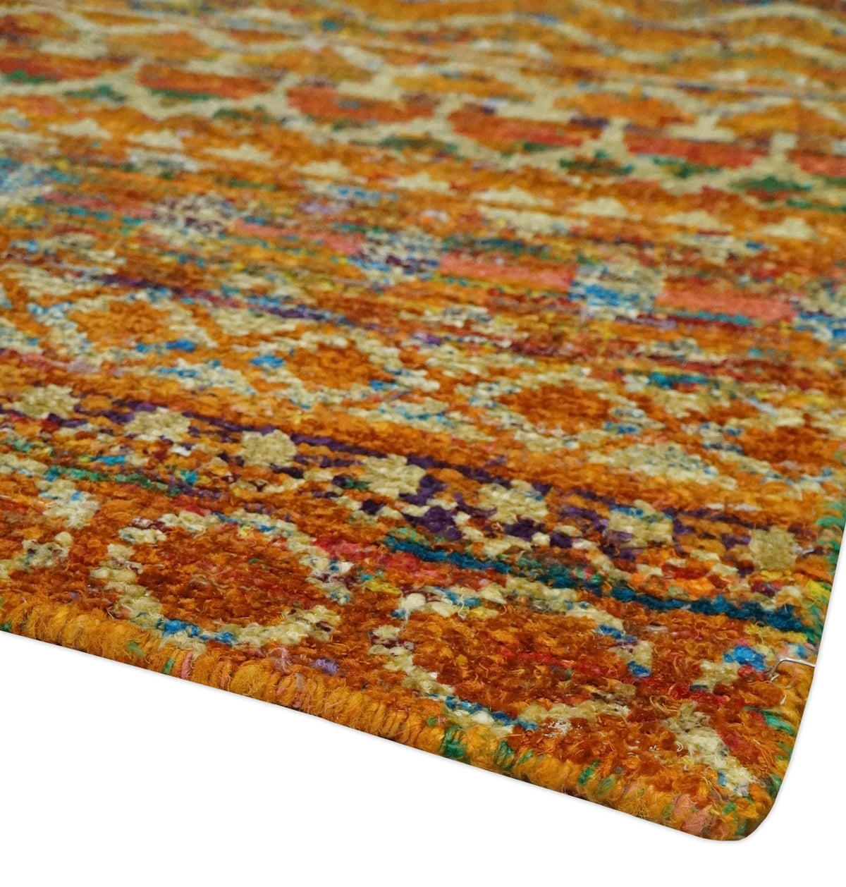 5.6x8.6 Hand Knotted Rust and Beige Modern Contemporary Southwestern Tribal Trellis Recycled wool Area Rug.