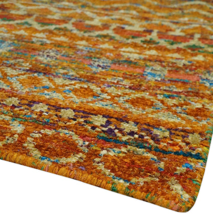 5.6x8.6 Hand Knotted Rust and Beige Modern Contemporary Southwestern Tribal Trellis Recycled wool Area Rug.