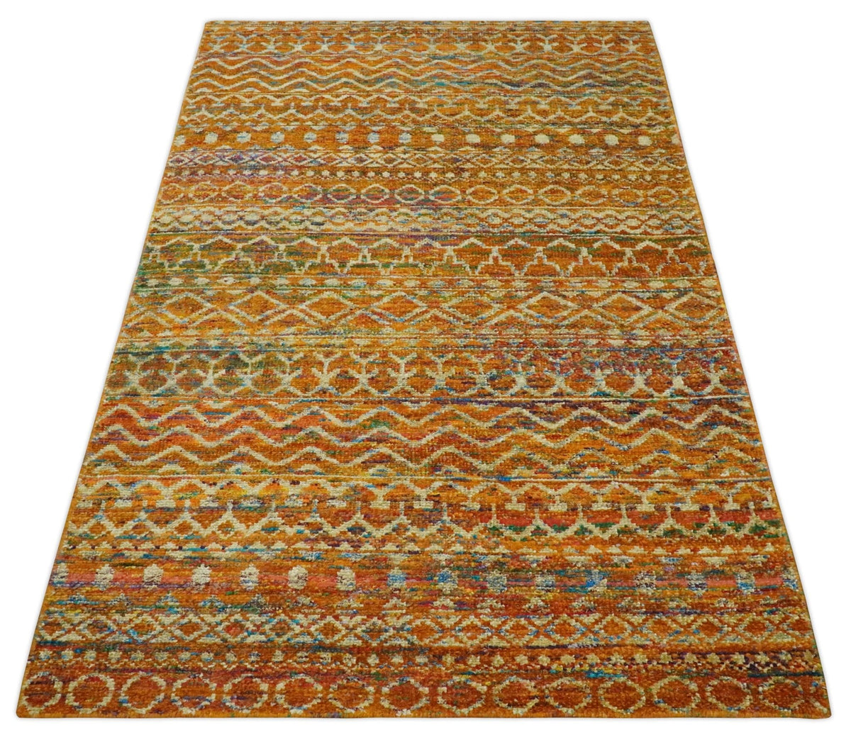 5.6x8.6 Hand Knotted Rust and Beige Modern Contemporary Southwestern Tribal Trellis Recycled wool Area Rug.
