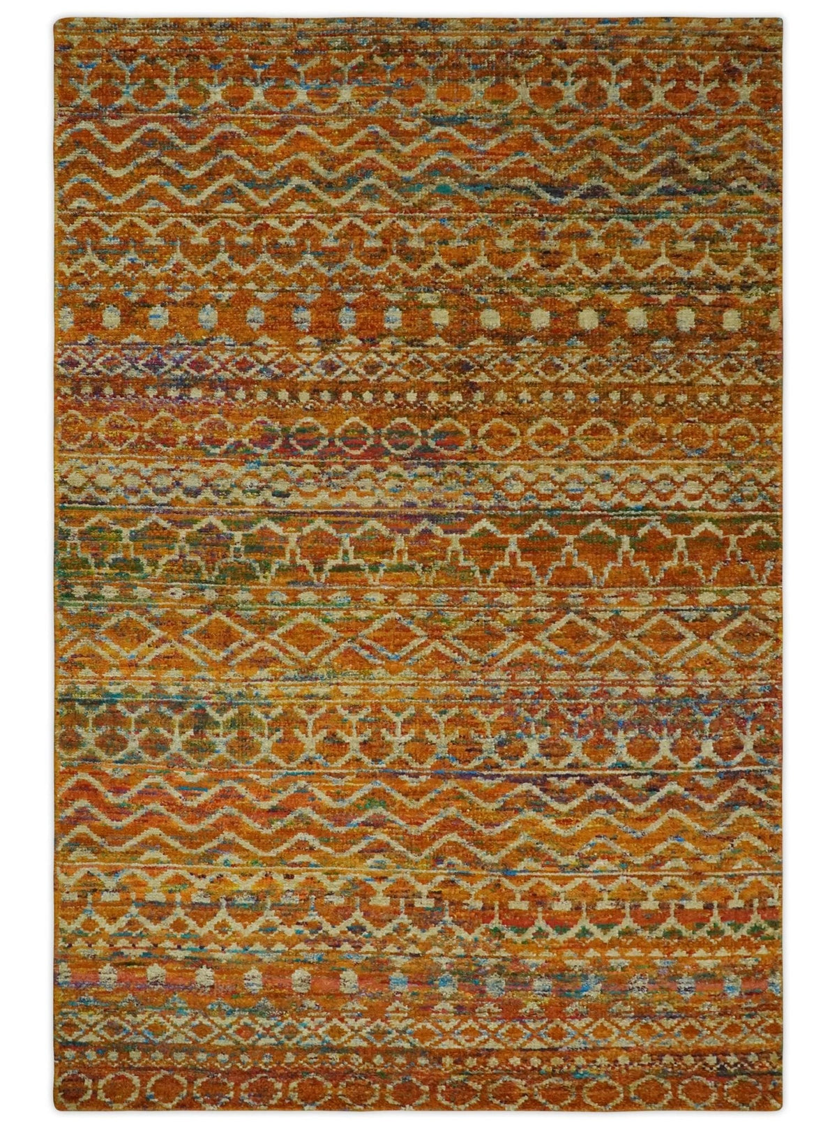 5.6x8.6 Hand Knotted Rust and Beige Modern Contemporary Southwestern Tribal Trellis Recycled wool Area Rug.