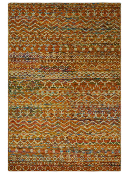 5.6x8.6 Hand Knotted Rust and Beige Modern Contemporary Southwestern Tribal Trellis Recycled wool Area Rug.