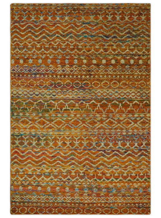 5.6x8.6 Hand Knotted Rust and Beige Modern Contemporary Southwestern Tribal Trellis Recycled wool Area Rug.