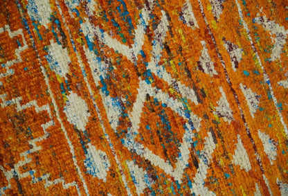 Hand Knotted Gold, Rust and Ivory Modern Contemporary Tribal Trellis Recycled Silk Area Rug.