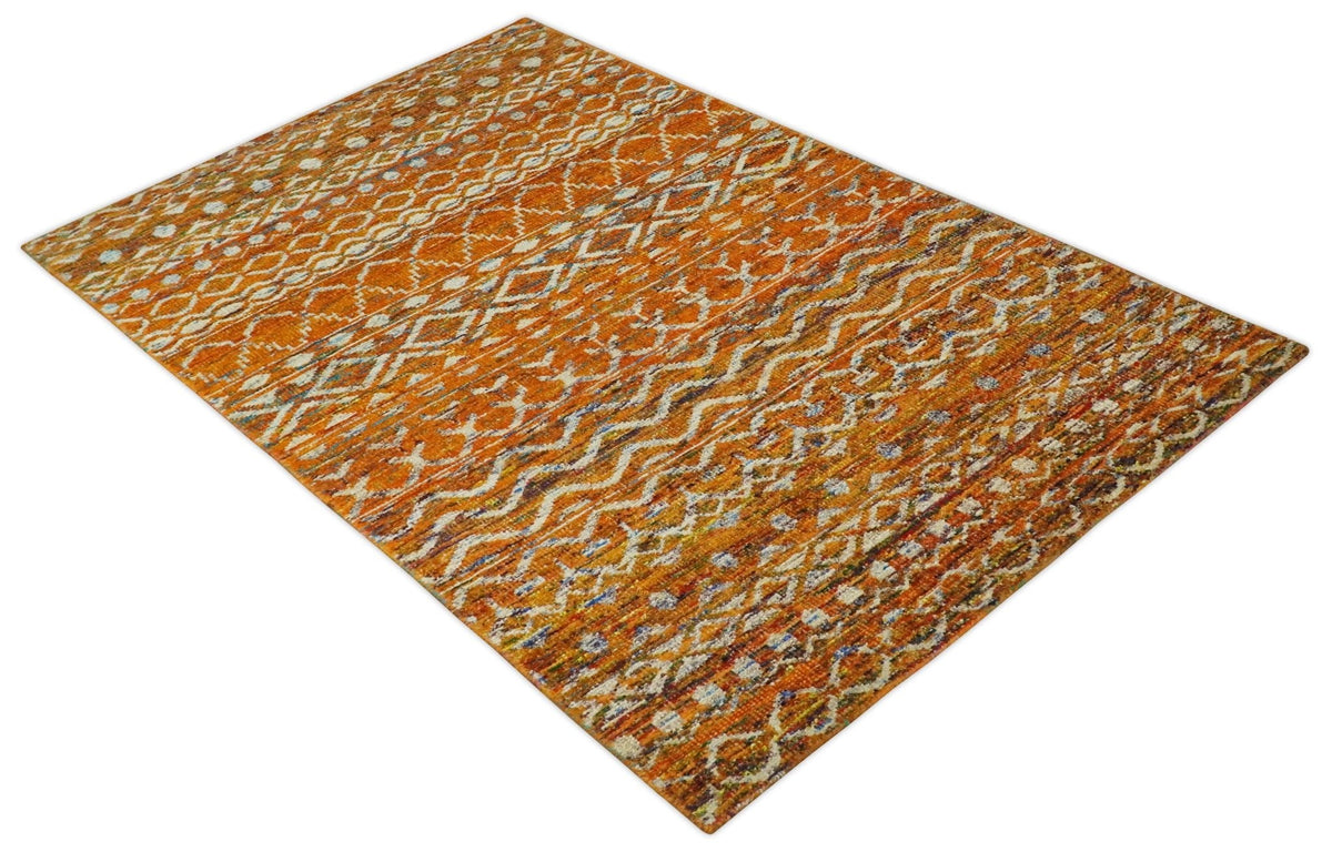Hand Knotted Gold, Rust and Ivory Modern Contemporary Tribal Trellis Recycled Silk Area Rug.