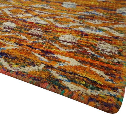 Hand Knotted Gold, Rust and Ivory Modern Contemporary Tribal Trellis Recycled Silk Area Rug.
