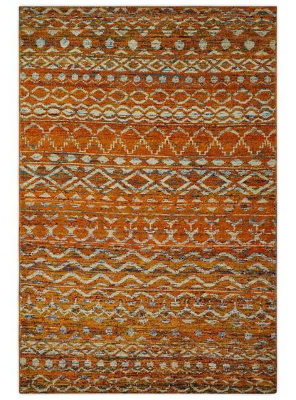 Hand Knotted Gold, Rust and Ivory Modern Contemporary Tribal Trellis Recycled Silk Area Rug.