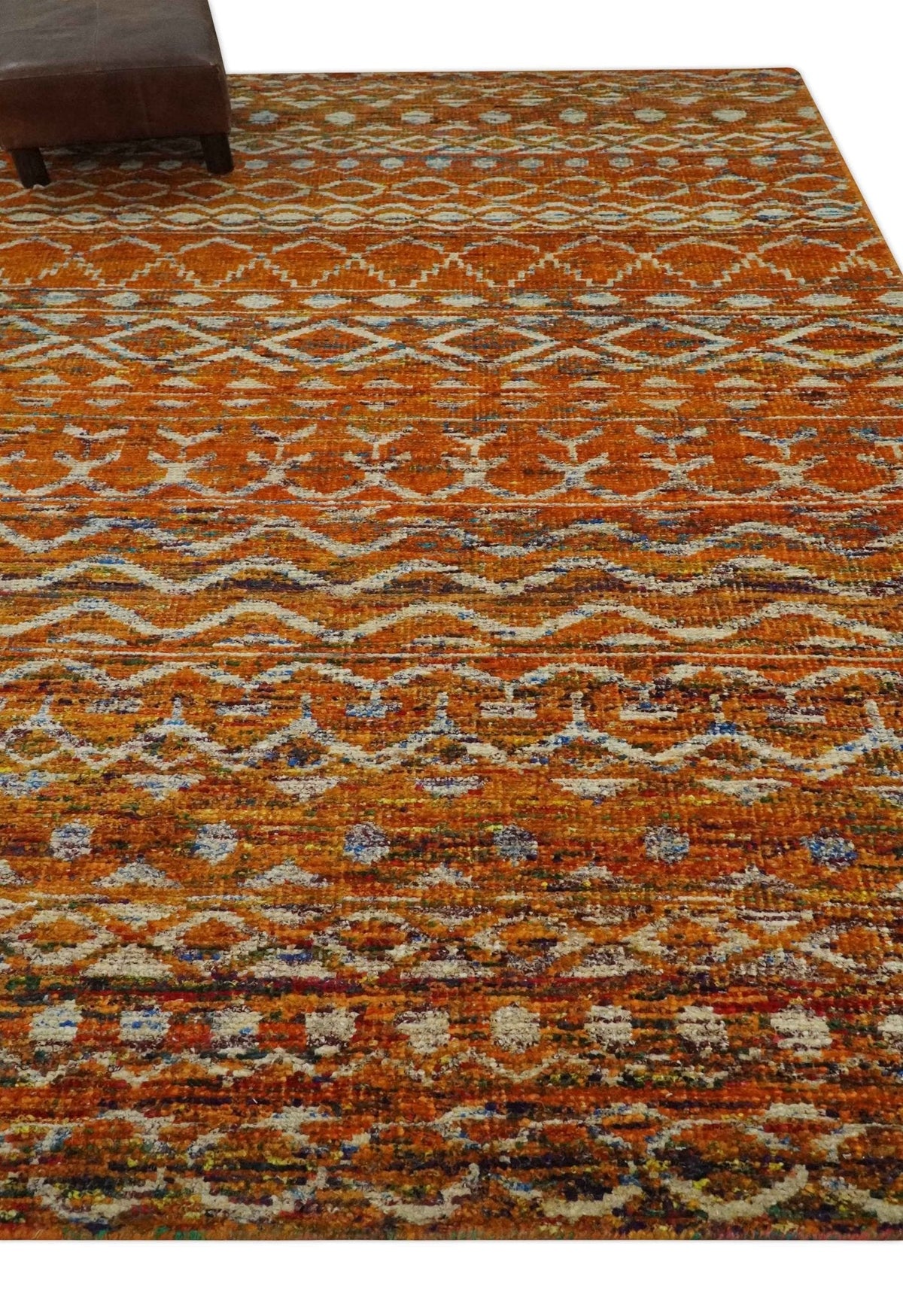 Hand Knotted Gold, Rust and Ivory Modern Contemporary Tribal Trellis Recycled Silk Area Rug.